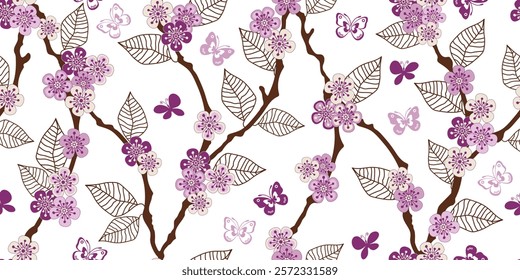 seamless pattern with hand drawn branches and leaves of cherry blossoms on a transparent background. Floral colorful organic background. For textiles, wallpaper and packaging.