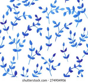 Seamless pattern with hand drawn branches with leaves. Watercolor background.