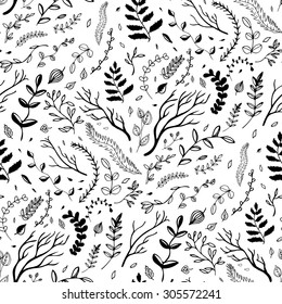 Seamless pattern. Hand drawn branches and leaves. Ink illustration.