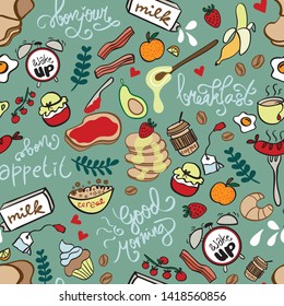Seamless pattern with hand drawn breakfast meal and lettering. Design for menu, banner, web header, wallpaper, wrapping, fabric, textile, scrapbook or packaging for cafe, restaurant or bakery shop.
