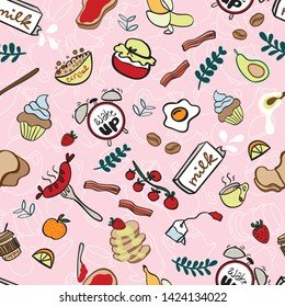 Seamless pattern with hand drawn breakfast element on pink. Design for menu, banner, site header, wallpaper, wrapping, fabric, textile, scrapbook or packaging for cafe, restaurant or bakery shop.