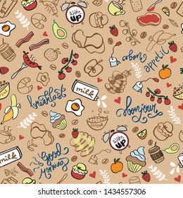 Seamless pattern with hand drawn breakfast meal and lettering. Design for menu, banner, site header, wallpaper, wrapping, fabric, textile, scrapbook or packaging for cafe, restaurant or bakery shop.