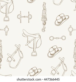 Seamless pattern with hand drawn bridle, saddle, chumbur, hat and different kinds of snaffle. EPS 10.