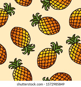Seamless pattern with hand drawn bright colored pineapple fruits with leaf. Modern design. Print for fabric, wrapping papers, wallpapers, covers, summer clothes. Creative vector illustration.