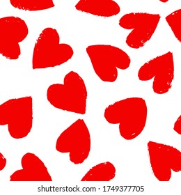 Seamless pattern with hand drawn bright red hearts on white background. Vector design for textile, backgrounds, clothes, wrapping paper, web sites and wallpaper. Fashion illustration seamless pattern.
