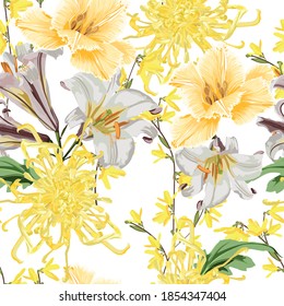 Seamless pattern of hand drawn bright yellow chrysanthemums, lilies and spring flowers with green leaves in Japanese graphic style.