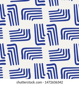 Seamless pattern. Hand drawn broken abstract angle shapes background. Monochrome line brush stroke blue and white all overprint swatch