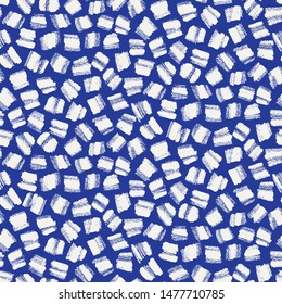 Seamless pattern. Hand drawn broken grunge square background. Monochrome textured brush stroke delft blue white all over print swatch