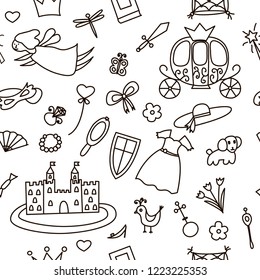 Seamless pattern with hand drawn brougham, castle, fairy, magic wand, crown, hat, flowers, dress, sword, shield, shoe, bag, butterfly, bird, mask and other. vector illustration in doodle style