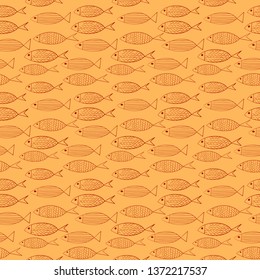 Seamless pattern with hand drawn brown contour fish on orange background. Marine life vector wrapping paper. Underwater animals fabric design.