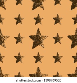 Seamless Pattern with hand drawn brown Stars on orange background. Abstract grunge texture. Vector illustration
