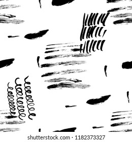 Seamless pattern hand drawn with a brush strokes. Abstract black and white paint brushstrokes vector illustration. Grunge monochrome background. Good for web, print, textile and wrapping paper.