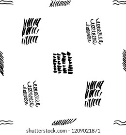 Seamless pattern hand drawn with a brush strokes. Abstract black and white paint brushstrokes vector illustration. Grunge monochrome background. Good for web, print, textile and wrapping paper.