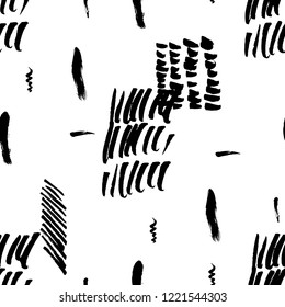 Seamless pattern hand drawn with a brush strokes. Abstract black and white paint brushstrokes vector illustration. Grunge monochrome background. Good for web, print, textile and wrapping paper.
