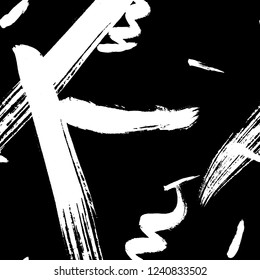 Seamless pattern hand drawn with a brush strokes. Abstract black and white paint brushstrokes vector illustration. Grunge monochrome background. Good for web, print, textile and wrapping paper.