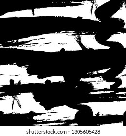 Seamless pattern hand drawn with a brush strokes. Abstract black and white paint brushstrokes vector illustration. Grunge monochrome background. Good for web, print, textile and wrapping paper.