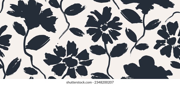 Seamless pattern with hand drawn brush flowers. ink brush texture. Black branches modern ornament, ink texture with foliage and buds. Abstract floral motif. Brush drawn flowers in naive style.