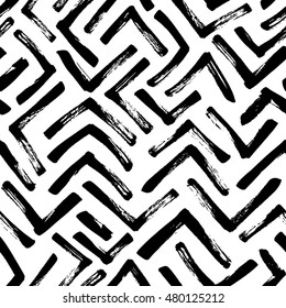 Seamless pattern with hand drawn brush strokes. Ink illustration. Geometric pattern for wrapping paper. Monochrome design. 