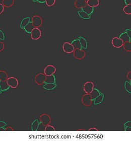 Seamless pattern hand drawn brush line chalk color cherry on black background