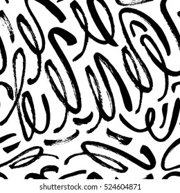 Seamless pattern with hand drawn brush strokes. Ink illustration. Isolated on white background. Hand drawn black elements.