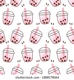 Seamless pattern with hand drawn bubble milk tea cup on white background vector illustration. Cute cartoon style.