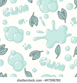 Seamless pattern with hand drawn bubble gum. Mint flavor. Food background. Vector illustration