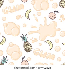 Seamless pattern with hand drawn bubble gum. Multifruit flavor. Food background. Vector illustration