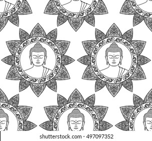 Seamless pattern of hand drawn Buddha head with floral decoration. Wallpaper for textile print, mascots and amulets. Black and white coloring page