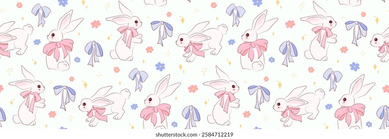 Seamless pattern with hand drawn bunnies wearing pink bows, pastel flowers and ribbons on a light background. Crayon texture. Cute background in coquette style, wallpaper for spring, Easter designs.