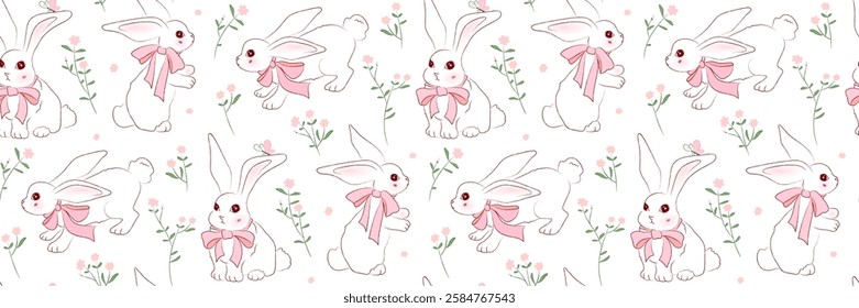 Seamless pattern with hand drawn bunnies wearing pink bows and small flowers. Crayon pencil texture. Cute background in girly coquette style, wallpaper for spring, Easter designs, print, fabric.