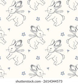 Seamless pattern with hand drawn bunnies and delicate blue flowers perfect for baby textiles, nursery decor, and springtime designs