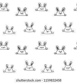 Seamless Pattern of Hand Drawn Bunny Face Design on White Background