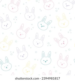 Seamless pattern of hand drawn bunny heads. Doodle rabbits ornament. Vector illustration