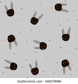 Seamless pattern with hand drawn bunny and dots on grey background 
