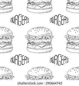 Seamless pattern with hand drawn burger, cheeseburger or hamburger. Wrapping paper template for fast food restaurant. Sketched background. Hand lettering. Vector illustration.
