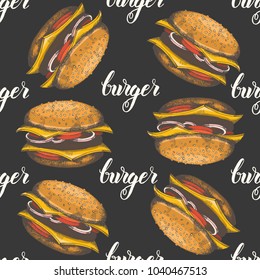 
Seamless pattern with hand drawn burgers and lettering.Vector fast food background. For menu, advertising and banners. Sketch.Pattern can be used for wallpaper, web page background, surface textures.