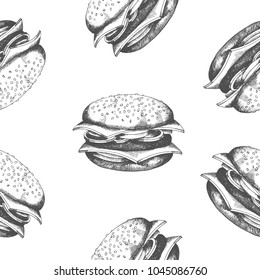Seamless pattern with hand drawn burgers. Vector fast food background. Design for menu, advertising and banners. Sketch. Pattern can be used for wallpaper, web page background, surface textures.