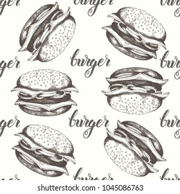 Seamless pattern with hand drawn burgers. Vector fast food background. Design for menu, advertising and banners. Sketch. Pattern can be used for wallpaper, web page background, surface textures.
