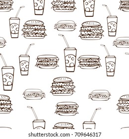 Seamless pattern with hand drawn burgers and soda water with straws.  Brown on white. Linear drawing. Vector illustration