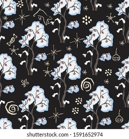 Seamless Pattern with hand drawn bushes with berries. Winter or Merry Christmas Themes. Repeating winter tree pattern. Vector Illustration