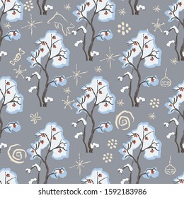 Seamless Pattern with hand drawn bushes with berries. Winter/Merry Christmas Themes. Repeating winter tree pattern. Vector Illustration