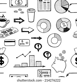 Seamless pattern with hand drawn  business symbols. Tiling background with doodle business icons.