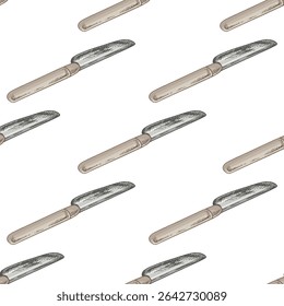 Seamless pattern of hand drawn butter knives in vintage style with beige handles and metal blades. Ideal for kitchen design, packaging, culinary backgrounds, textiles and wrapping paper.