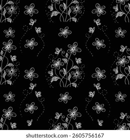 Seamless pattern with hand drawn butterflie and flowers.