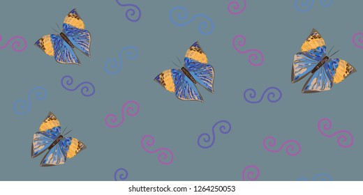 Seamless pattern with hand drawn butterflies and double spirals on a blue-grey  background