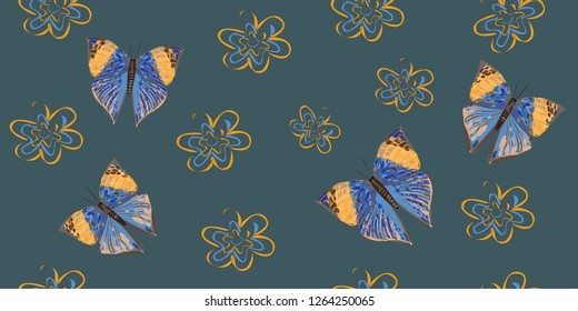 Seamless pattern with hand drawn butterflies and abstract flowers on a petrol colour background