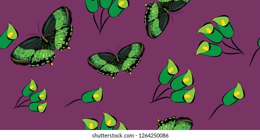 Seamless pattern with hand drawn butterflies and calla lilies on a grape colour background