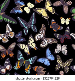 Seamless pattern with hand drawn butterflies on dark background. Vector illustration