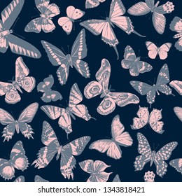 Seamless pattern with hand drawn butterflies on dark blue background. Vector illustration
