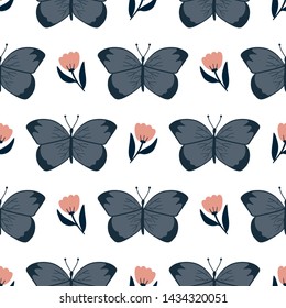 Seamless pattern with hand drawn butterflies and flowers on a white background. Vector design for wrapping paper, textile. 
